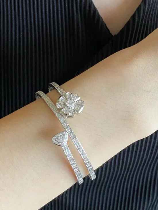 Bulgari Silver Crystal Floral Double Cuff Bracelet - Picture 2 of 5